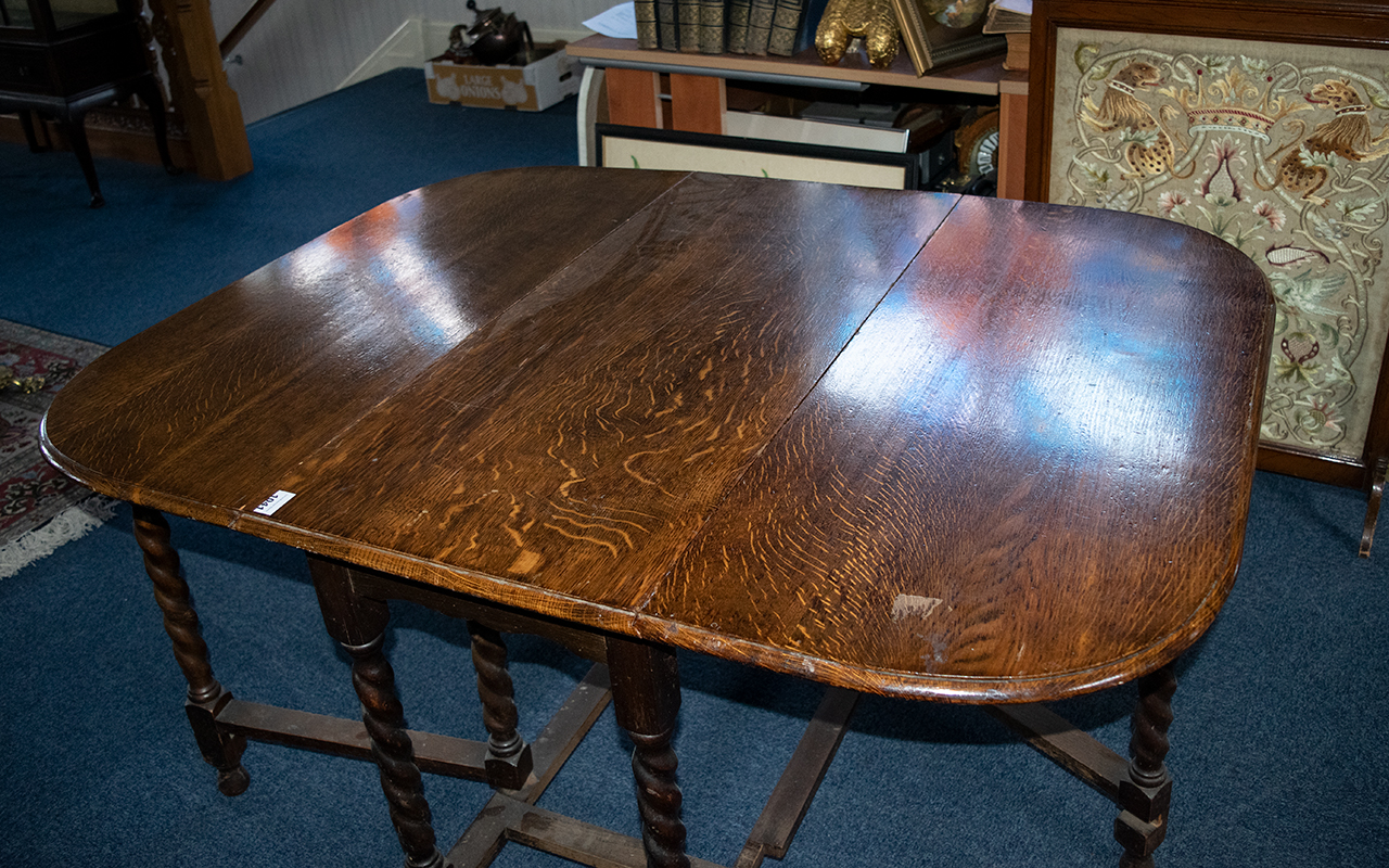 Large 1920's Oak Barley Twist Leg, Drop Leaf Table of Typical Form with Stretchers. - Image 2 of 2