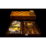 Antique Boxed Games Set comprising chess, drafts and backgammon boards complete with chess set,