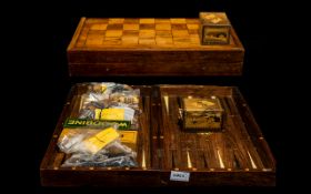 Antique Boxed Games Set comprising chess, drafts and backgammon boards complete with chess set,