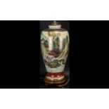 Oriental Style Table Lamp with porcelain base, depicting scenes of houses and rivers.