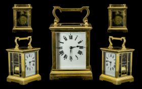 English - Heavy Brass Carriage Clock with Glass Bevelled Panels and Visible Lever Escapement,