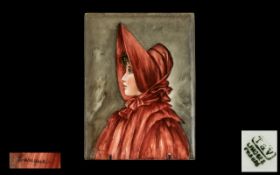 Limoges Painted Plaque, Late 19th Century depicting a girl in a red hat and coat. Signed Lanaghr.