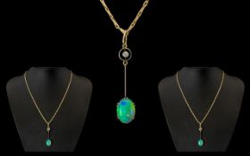 A Nice Quality and Attractive 9ct Gold Opal and Diamond Set Drop Pendant with Attached Fancy 9ct