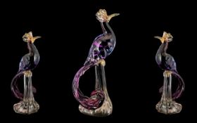 Murano Glass Peacock Seated on a Tree Stump of amethyst colour,