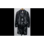 Gentleman's Long Black Leather Trench Coat with buckle belt,