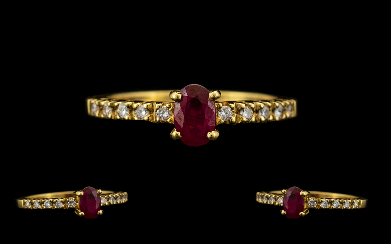 Ladies Attractive Contemporary Design - 18ct Gold Ruby and Diamond Set Dress Ring. The Central