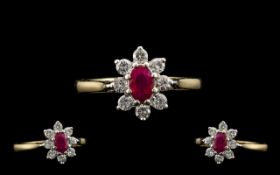 18ct Gold and Attractive Petite Ruby and Diamond Set Dress Ring with flower head design/setting.