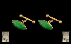 18 ct Gold - jade Set Attractive Pair of Gents Cufflinks - marked 18 ct and W.N makers mark.