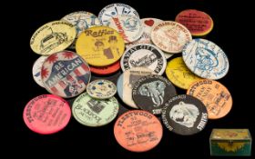 Antique Tin Containing Vintage Badges. Large collection of vintage badges, to include Smiths crisps,