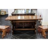 Reproduction Oak Refectory Table with a solid plank top supported by lyre-shaped ends on a trestle