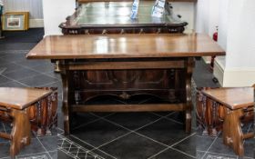 Reproduction Oak Refectory Table with a solid plank top supported by lyre-shaped ends on a trestle