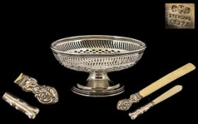 Sterling Silver Small Footed Bowl with Open-worked and Pierced Borders. Hallmark for Birmingham.