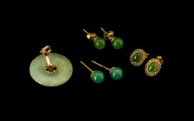 Three Pairs Of Jadeite Stone Stud Earrings Together With A Jadeite Pendant All Set In Base Metal