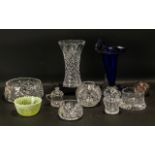 Collection of Glass Ware to include a Cornucopia Blue Glass Vase; a lemon Milk Glass Bowl;