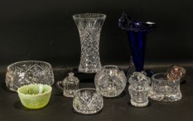 Collection of Glass Ware to include a Cornucopia Blue Glass Vase; a lemon Milk Glass Bowl;