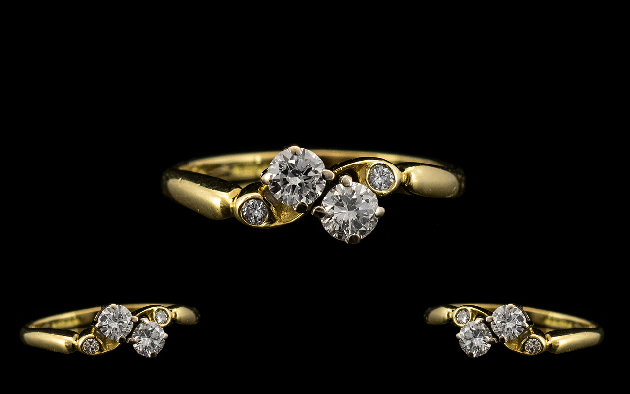 Ladies - Superb Quality and Pleasing 18ct Gold - Two Stone Diamond Set Ring with Diamond Set