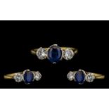 18ct Gold & Platinum Set Nice Quality & Attractive Three Stone Sapphire & Diamond Ring. Circa 1930s,