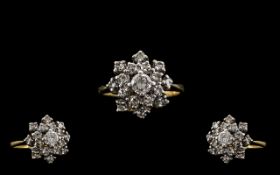 18ct Gold - Nice Quality and Attractive Diamond Set Cluster Ring, Flower head Setting. Marked 18ct -