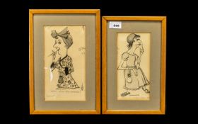 Pair of Signed Ink Stage Character Drawings by Emmwood, depicting Hippos Mother (Mona-Wishbone)