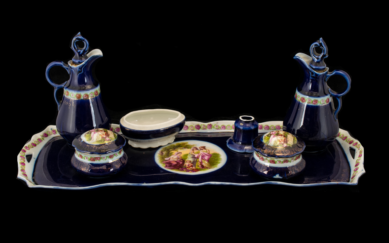 Limoge Dressing Table Set in dark blue with traditional relief pattern of ladies and child in