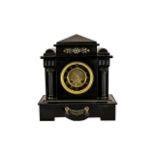 Black Slate Mantle Clock with Black Marble Chapter Ring, Arched Top and Column Sides.