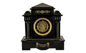 Black Slate Mantle Clock with Black Marble Chapter Ring, Arched Top and Column Sides.