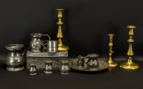 Mixed Lot Of Antique Metal Ware To Include A Pair Of Brass Candlesticks With Pushers Height 9