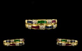18ct Gold - Nice Quality Multi Stone Set Dress Ring, Set with Diamonds, Sapphires,