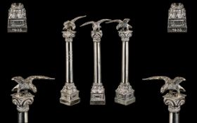 Trio of Sterling Silver 1930s Period Miniature Corinthian Columns surmounted with eagles.