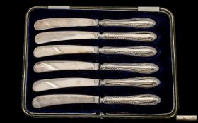 Boxed Set of Six Silver Handle Butter Knives. Hallmark Sheffield 1918.