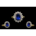 18ct Gold and Platinum Superb Quality - Blue Tanzanite and Diamond Set Cluster Ring. The Oval