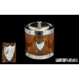 Victorian Period Good Quality Sterling Silver Lidded & Banded Oak Panel Biscuit Barrel.