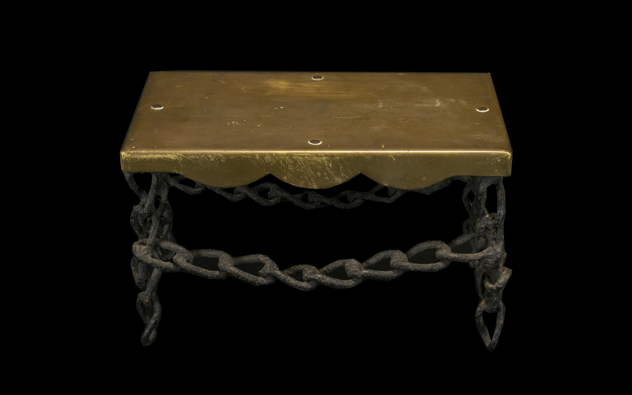 Unusual Antique Brass Topped Trivet Stool the four legs and cross-stretcher made from linked iron