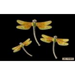 Contemporary Design Superb Quality Set of 3 Signed Silver and Enamel Dragonfly Figures.