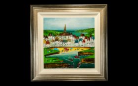 Roseanne Bell Painting 'Harbour' original oil on board signed, mounted and framed.