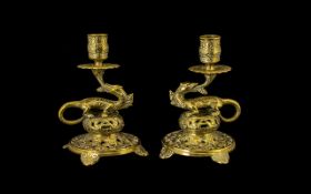 French Fine Pair of 19th Century Rich Gold Coloured Brass Figural Dragon Candlesticks of Excellent