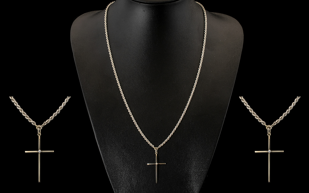 14 ct White Gold Contemporary Designed Cross attached to a Long 18 ct White Gold Rope Twist Chain -