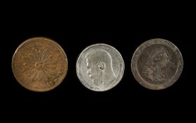 An 1899 Silver Russian Ruble, an 1857 Uraguay 40 Cent coin and a GB 1797 cartwheel penny,