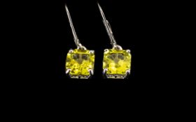 Ouro Verde Quartz Drop Earrings, a pair of solitaire, natural green gold quartz, 8mm square,