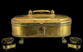 Antique Brass Spice Box Container/ Tea Caddy of oval shape with carrying handle.