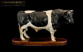 Beswick - Large Bull Figure Connoisseur Series ' Friesian Bull ' on Wooden Plinth. Model No A2580.