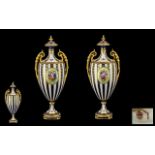Royal Crown Derby Fine True Pair of Elegant and Striking Hand Painted Twin Handle Lidded Vases,