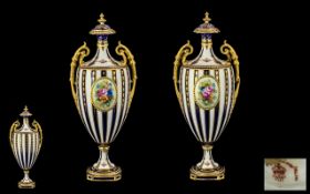 Royal Crown Derby Fine True Pair of Elegant and Striking Hand Painted Twin Handle Lidded Vases,