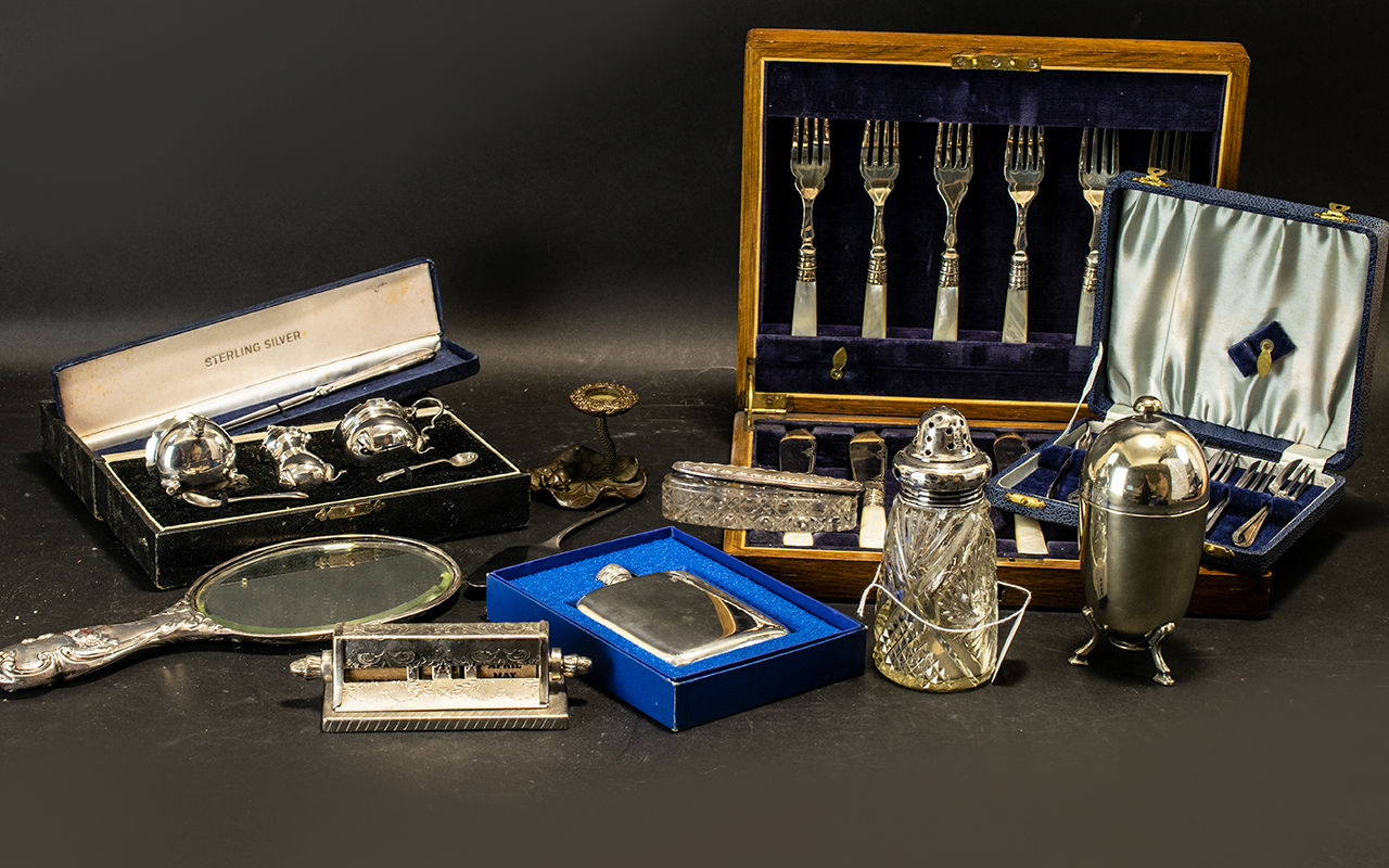 Collection of Silver Plate & Sterling Silver Items comprising paper knife in original velvet box;