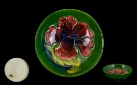 Moorcroft - Small Fitted Bowl ' Hibiscus ' Design on Green Ground. 3.75 Inches - 9.50 cm Diameter.