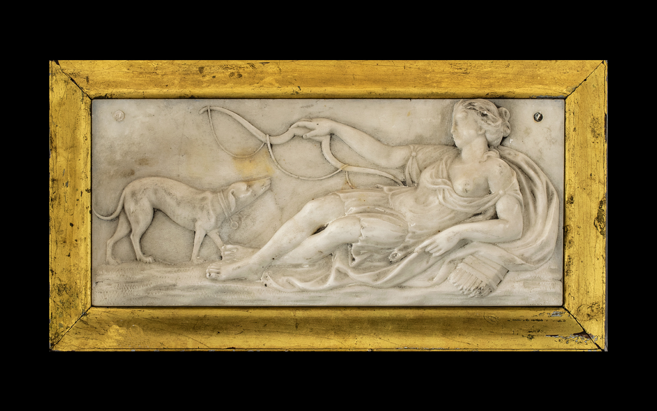 Rare 18th Century English Carved White Marble Tableau Plaque of Diana The Huntress reclining, with a