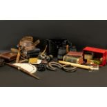 Wooden Green Painted Tool Box Containing Five Small Bibles, Camera And Brown Leather Case,