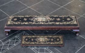 Embroidered Top Edwardian Long Foot Stool on a Mahogany Frame Terminating on Queen Anne Feet.