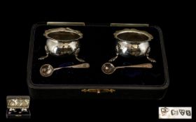 Edwardian Period Boxed Pair of Silver Salts with Spoons. Hallmark Chester 1907.