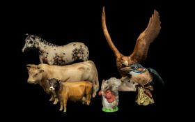 Collection of Beswick Animals all with some damage, including a horse; cow; kingfisher, bull,